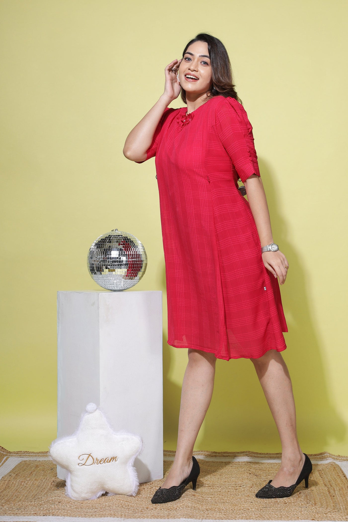 Polyester Floral Round neck Dress Dark Pink