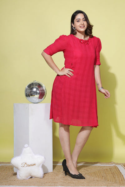 Polyester Floral Round neck Dress Dark Pink