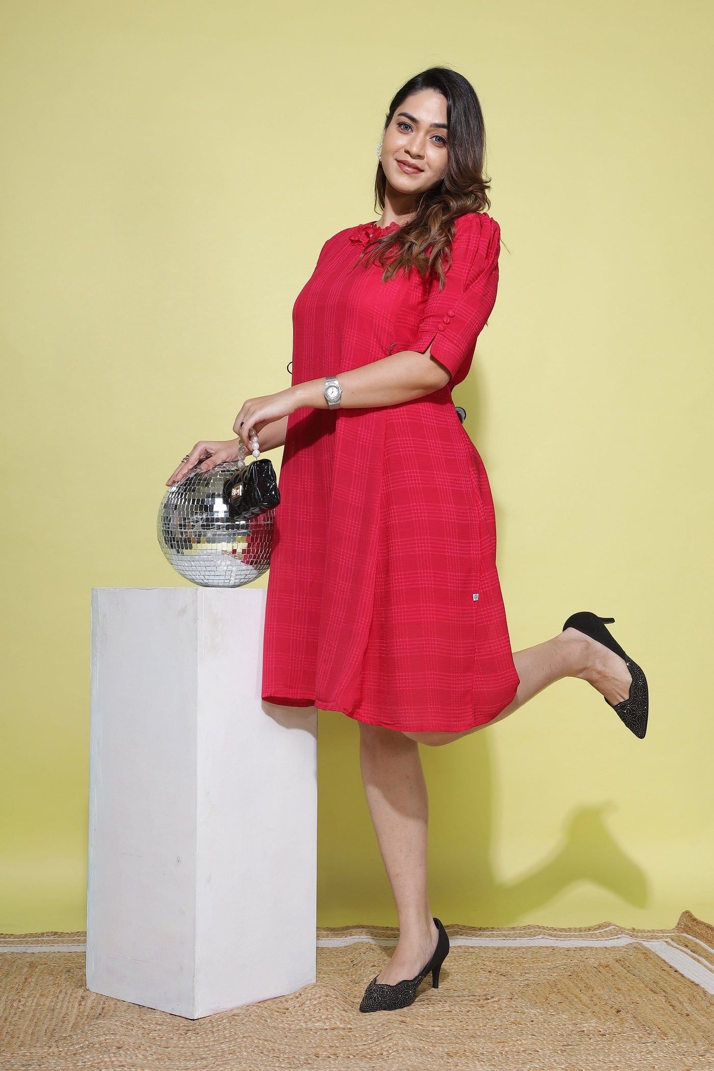 Polyester Floral Round neck Dress Dark Pink