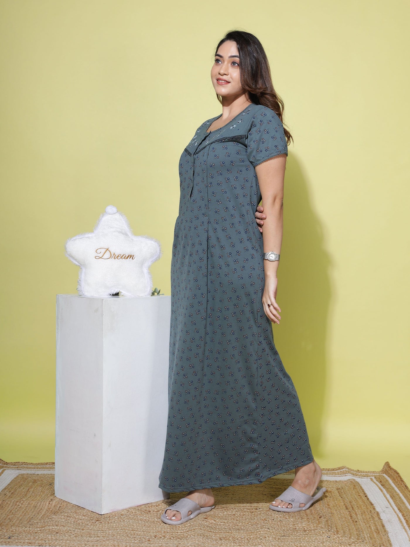 Cotton Blend Maternity Feeding Teal Nighty