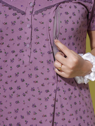 Cotton Blend Maternity Feeding Purple Nighty
