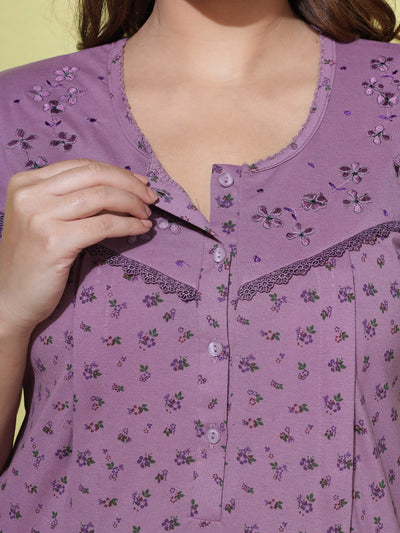 Cotton Blend Maternity Feeding Purple Nighty