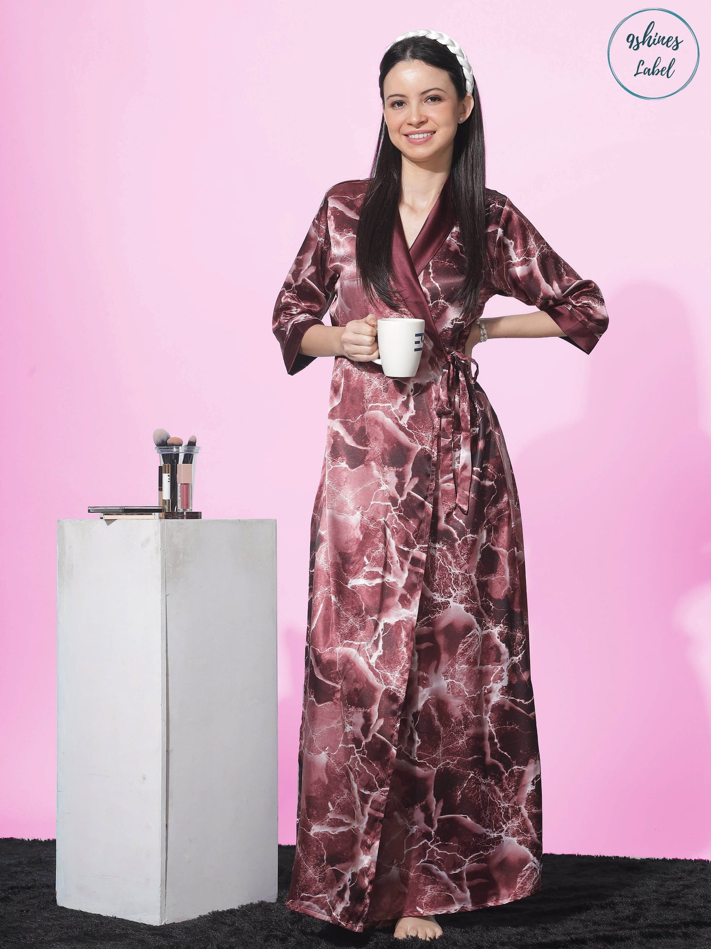 Satin House Coat Marble Ruby
