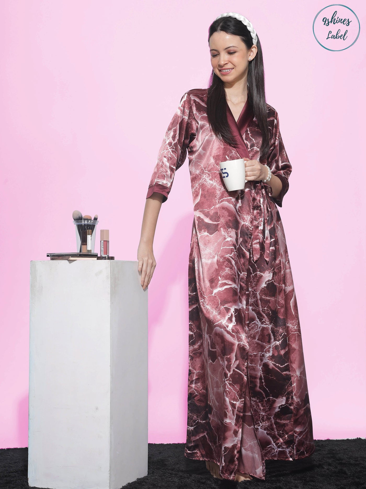 Satin House Coat Marble Ruby