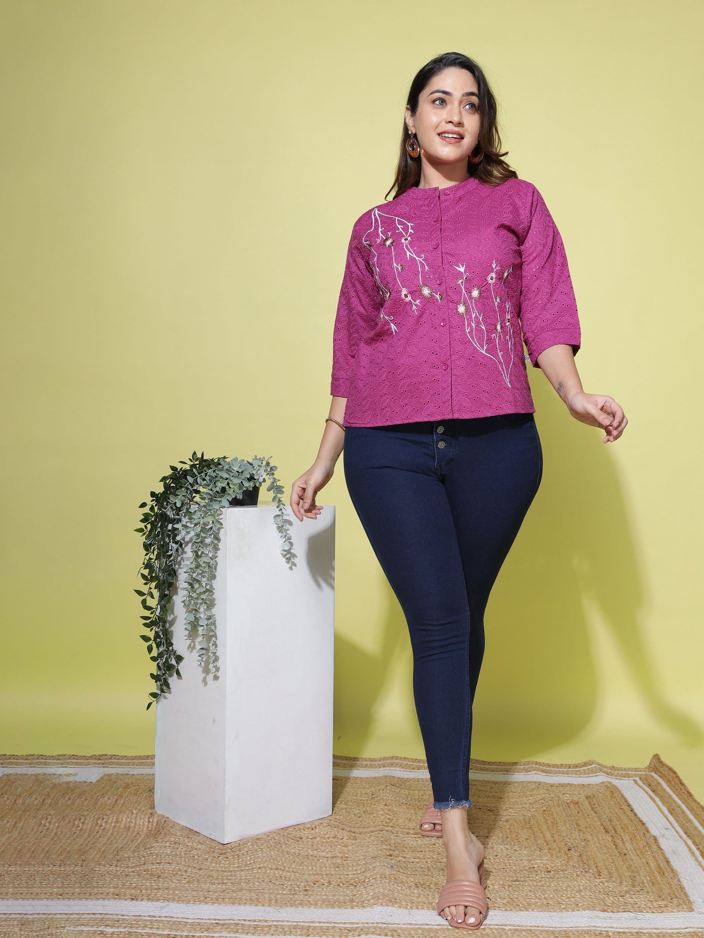 Cotton Top Floral Embroidery Violet