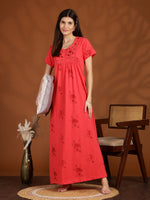 Dark Pink Floral Embroidered Cotton Blend Nightdress for Women