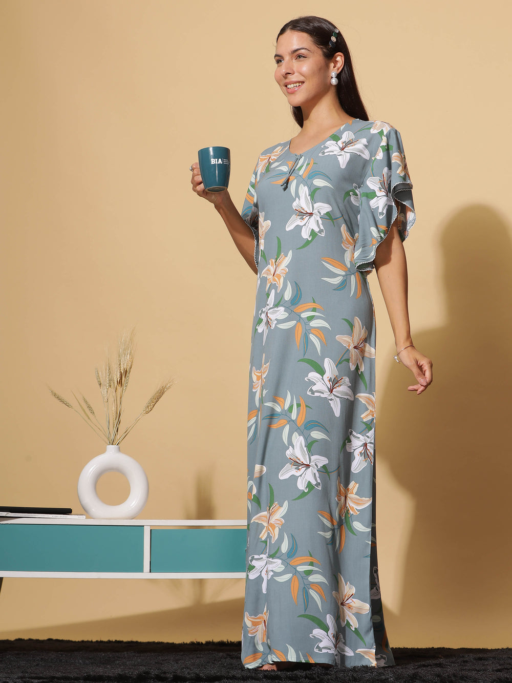  Rayon Designer Nighty  Buy Elegant Green Grey Rayon Designer Maxi Nighty For Women- 9shines label 