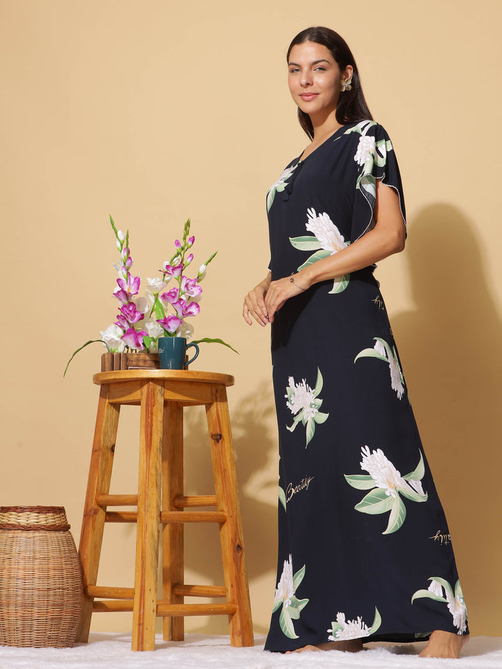  Rayon Designer Nighty  Navy Blue Rayon Designer Maxi Nighty - Premium Comfort by 9shines Label- 9shines label 