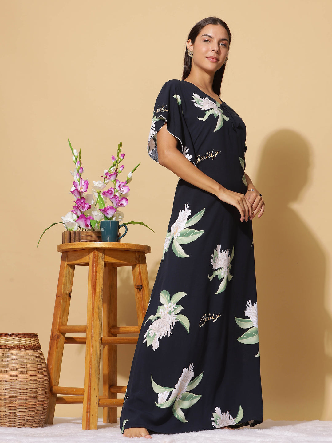 Rayon Designer Nighty  Navy Blue Rayon Designer Maxi Nighty - Premium Comfort by 9shines Label- 9shines label 