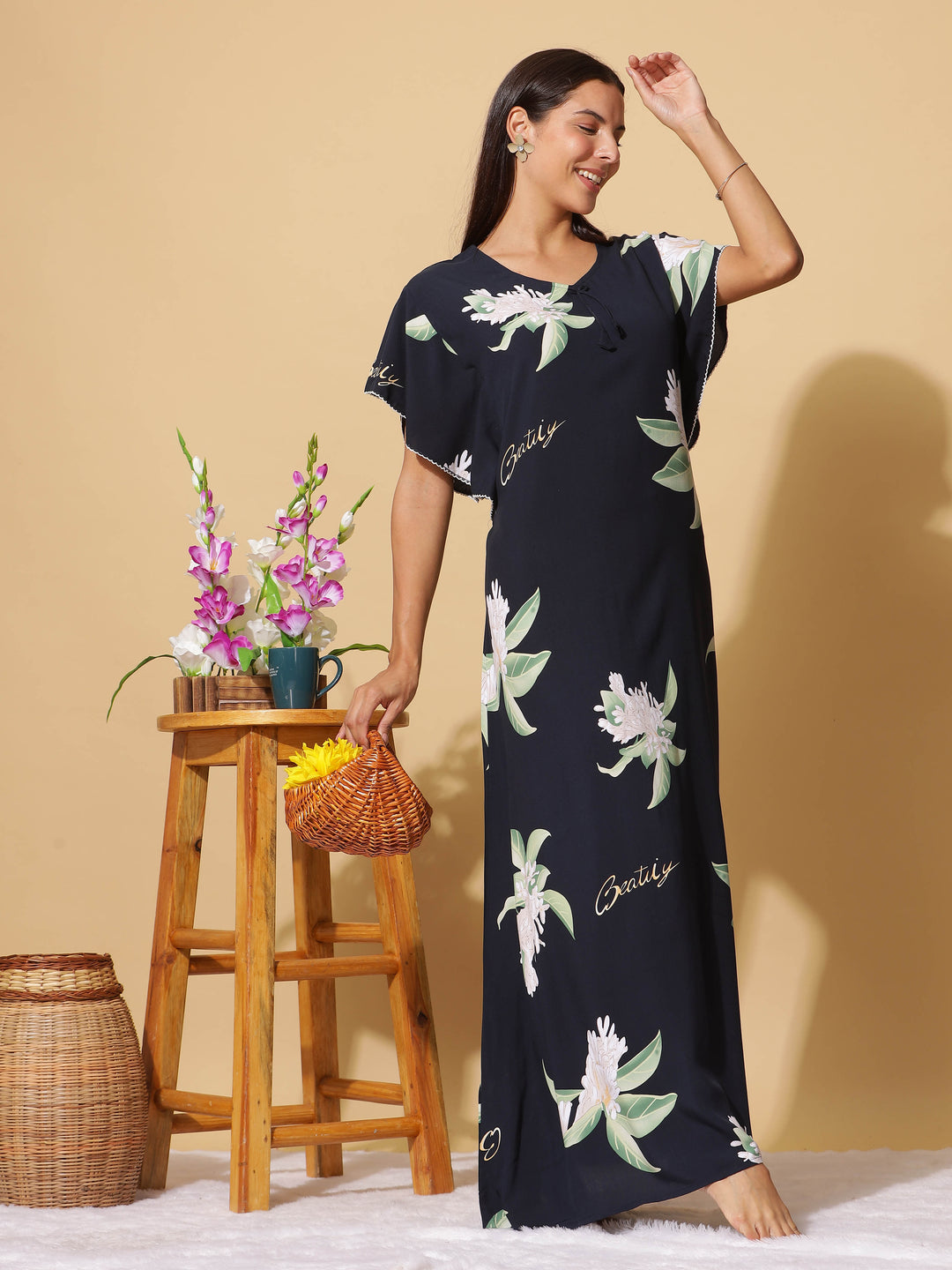  Rayon Designer Nighty  Navy Blue Rayon Designer Maxi Nighty - Premium Comfort by 9shines Label- 9shines label 