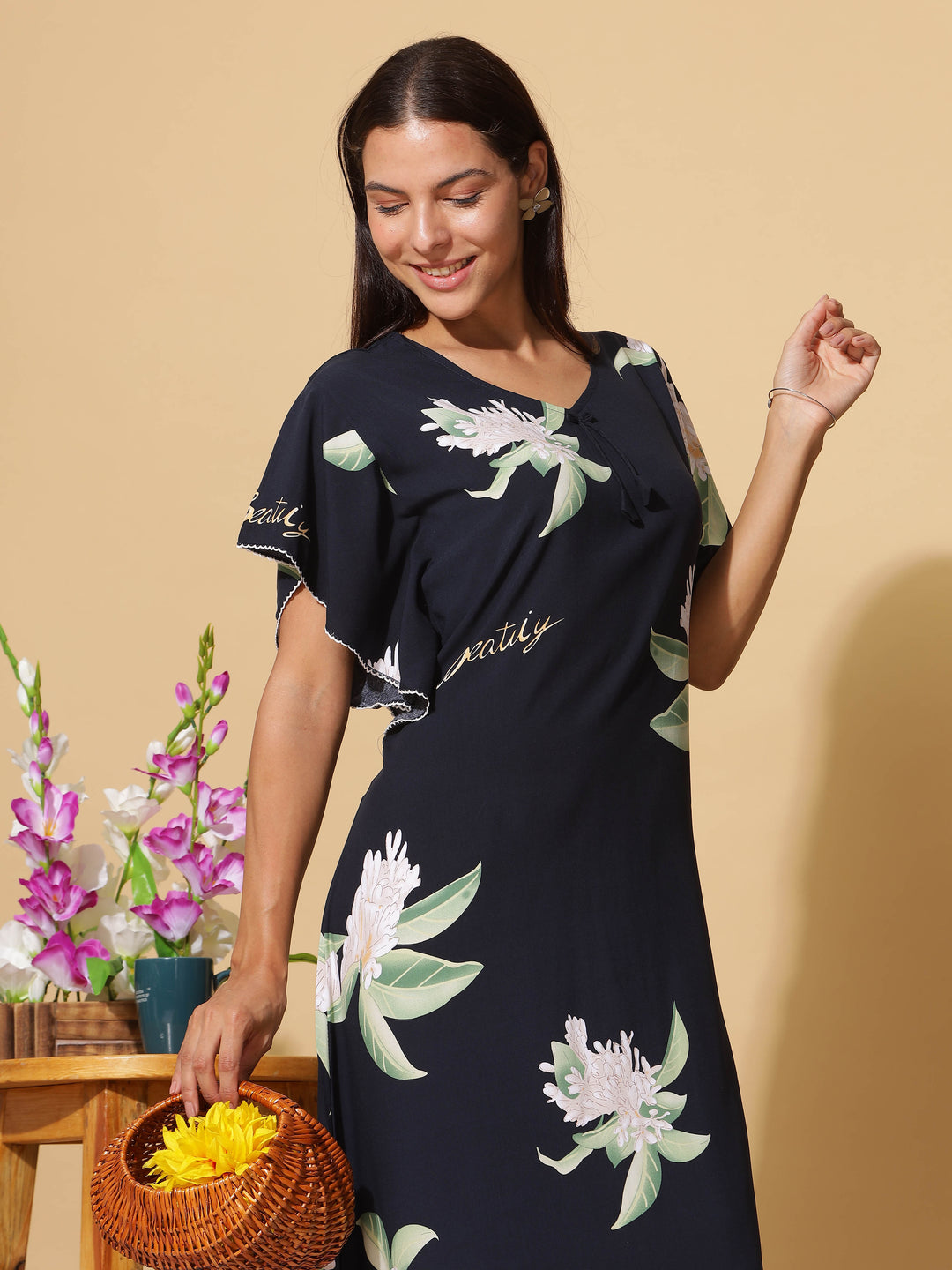  Rayon Designer Nighty  Navy Blue Rayon Designer Maxi Nighty - Premium Comfort by 9shines Label- 9shines label 