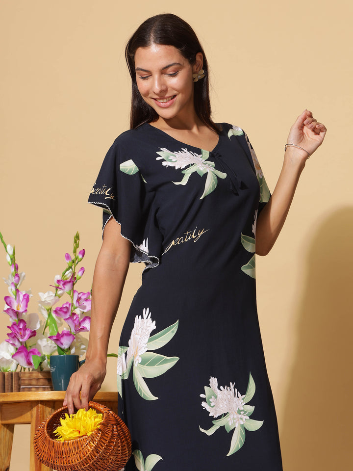  Rayon Designer Nighty  Navy Blue Rayon Designer Maxi Nighty - Premium Comfort by 9shines Label- 9shines label 