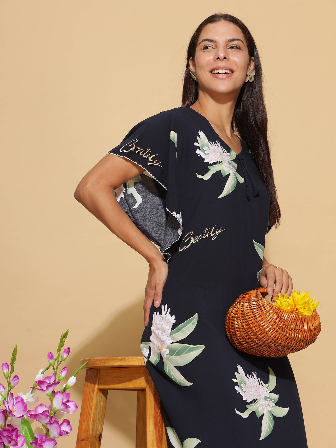  Rayon Designer Nighty  Navy Blue Rayon Designer Maxi Nighty - Premium Comfort by 9shines Label- 9shines label 