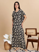 Elegant Black Floral Print Rayon Maxi Nightdress with Kaftan Sleeves
