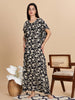 Elegant Black Floral Print Rayon Maxi Nightdress with Kaftan Sleeves