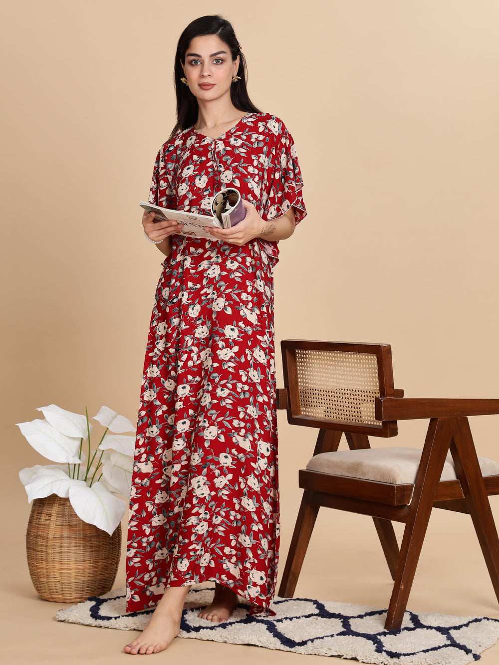 Red Rayon Floral Nightdress For Women For Everyday Wear