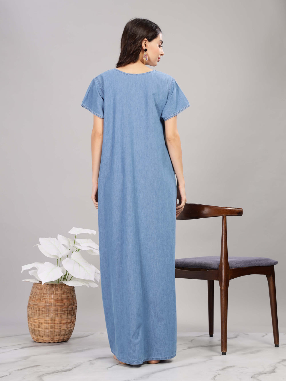Soft Embroidered Chic Sky Blue Cotton Maxi Nighty