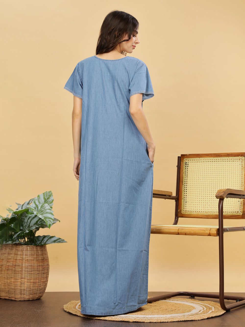 Sky Blue Denim Nighty with Intricate Embroidery