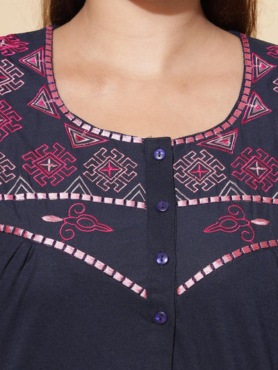 Cotton Blend Designer Navy Blue Nighty