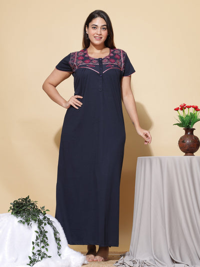 Cotton Blend Designer Navy Blue Nighty