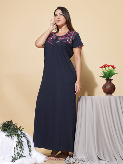 Cotton Blend Designer Navy Blue Nighty