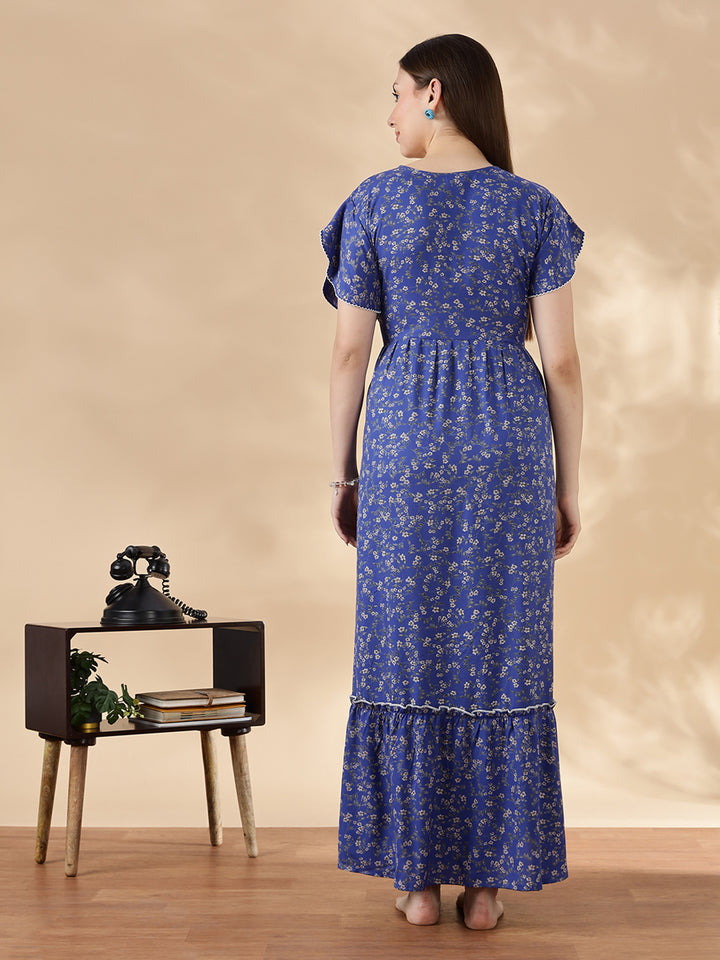 Blue Flora Micro Floral Frock Nighty with Flutter Sleeves