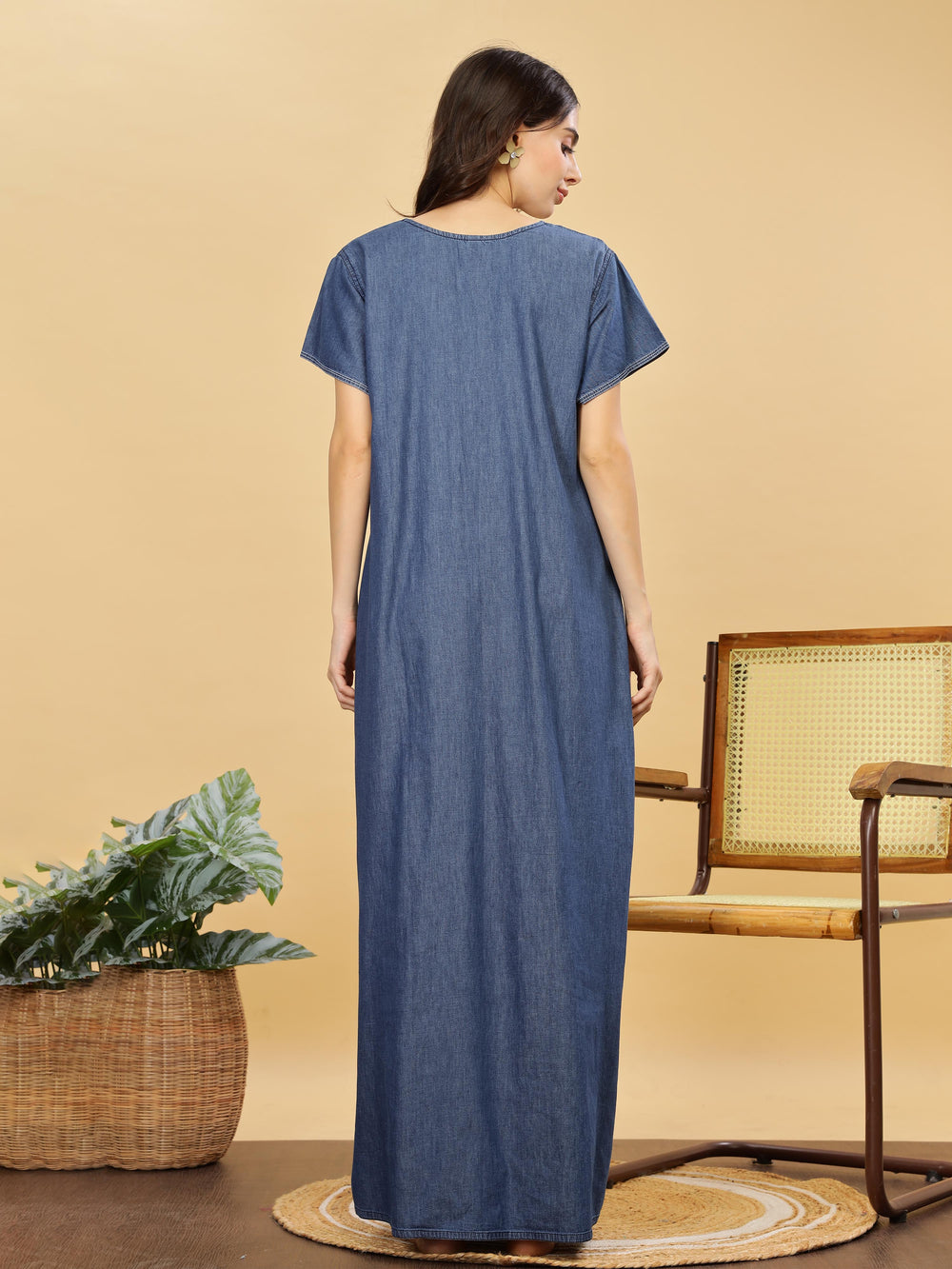 Denim Blue Cotton Nighty For Women With Embroidery