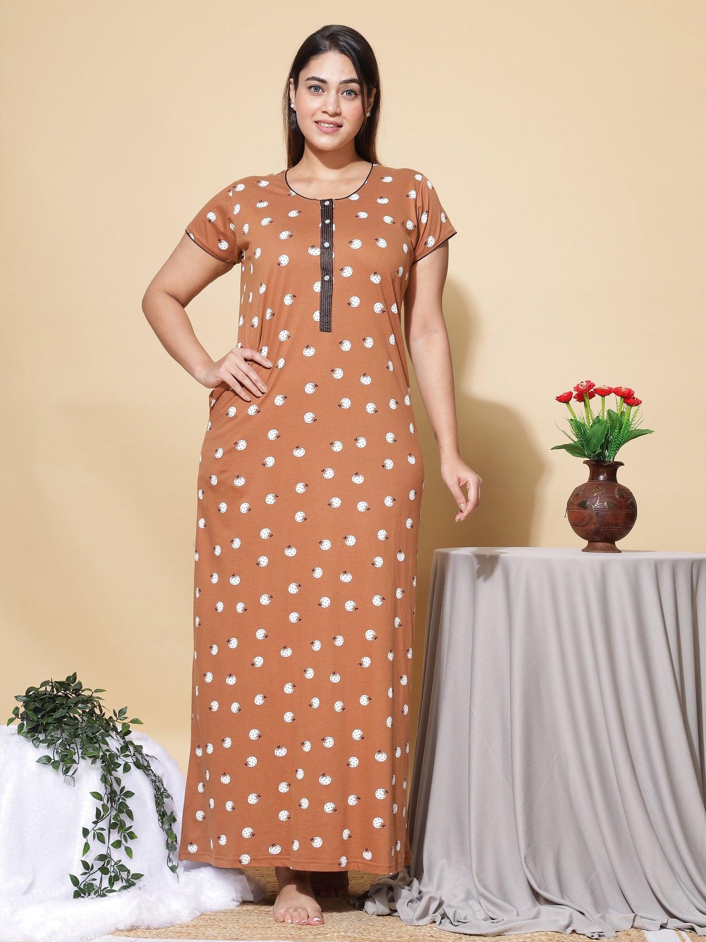 Hosiery Cotton Designer Maxi Brown Nighty