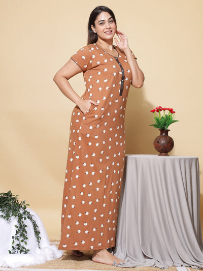 Hosiery Cotton Designer Maxi Brown Nighty