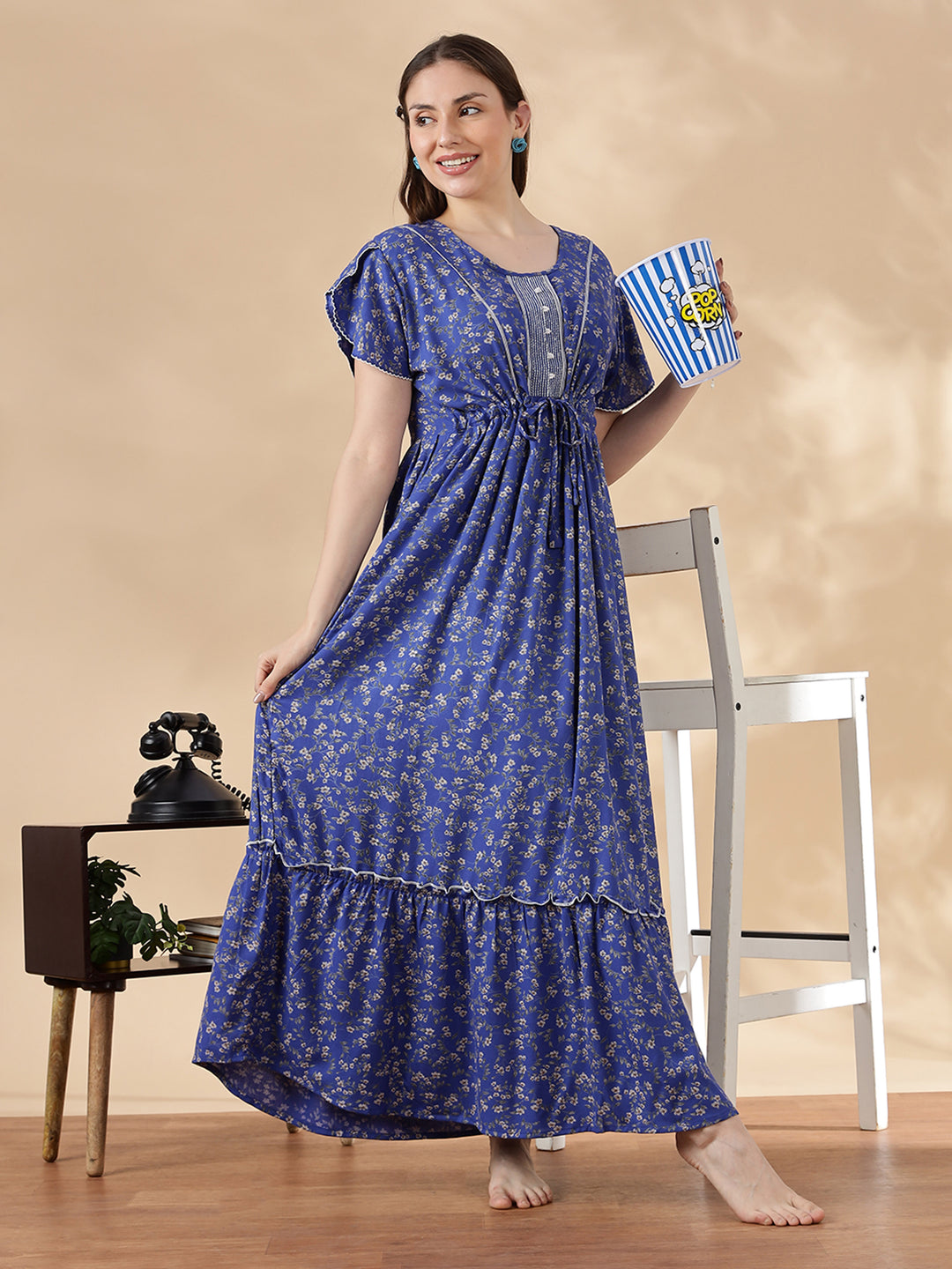 Blue Flora Micro Floral Frock Nighty with Flutter Sleeves