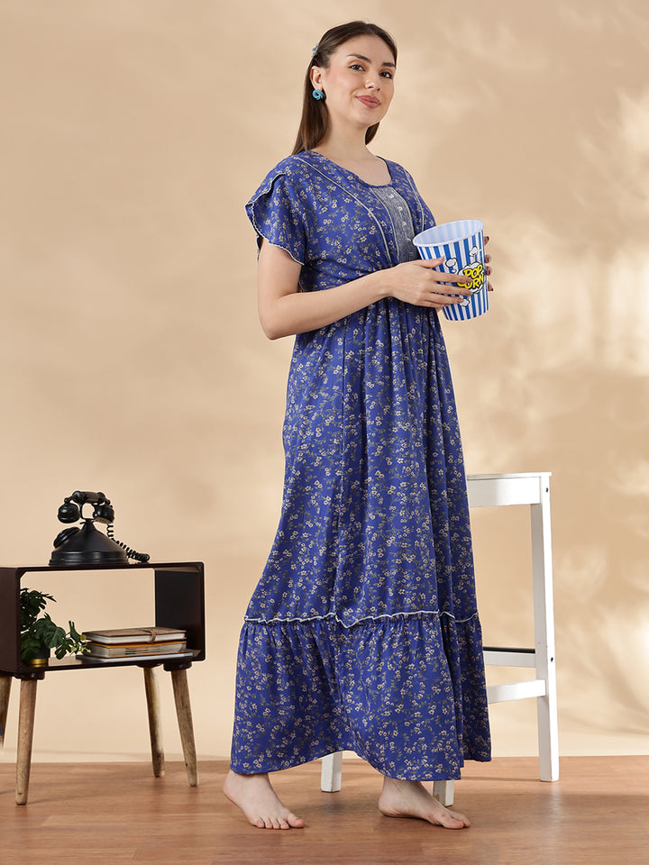 Blue Flora Micro Floral Frock Nighty with Flutter Sleeves