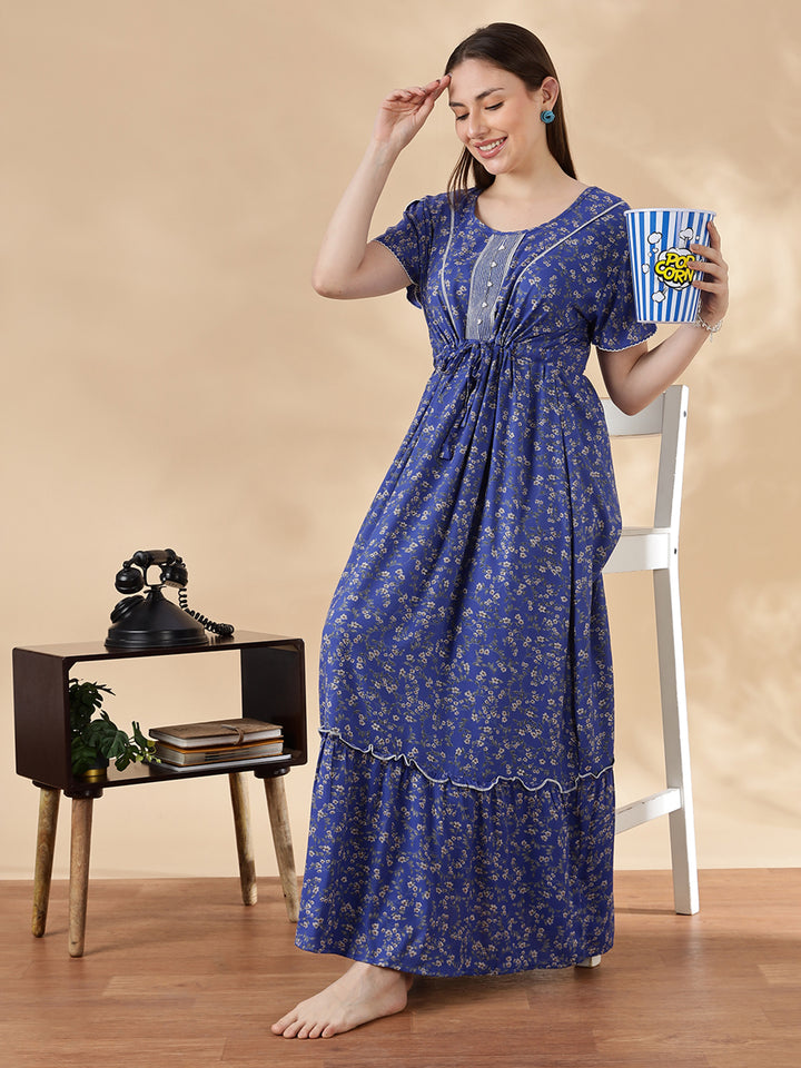 Blue Flora Micro Floral Frock Nighty with Flutter Sleeves