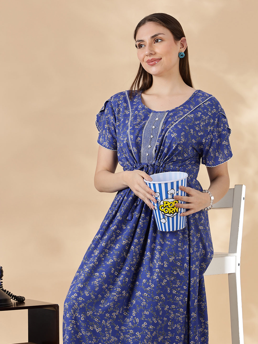 Blue Flora Micro Floral Frock Nighty with Flutter Sleeves