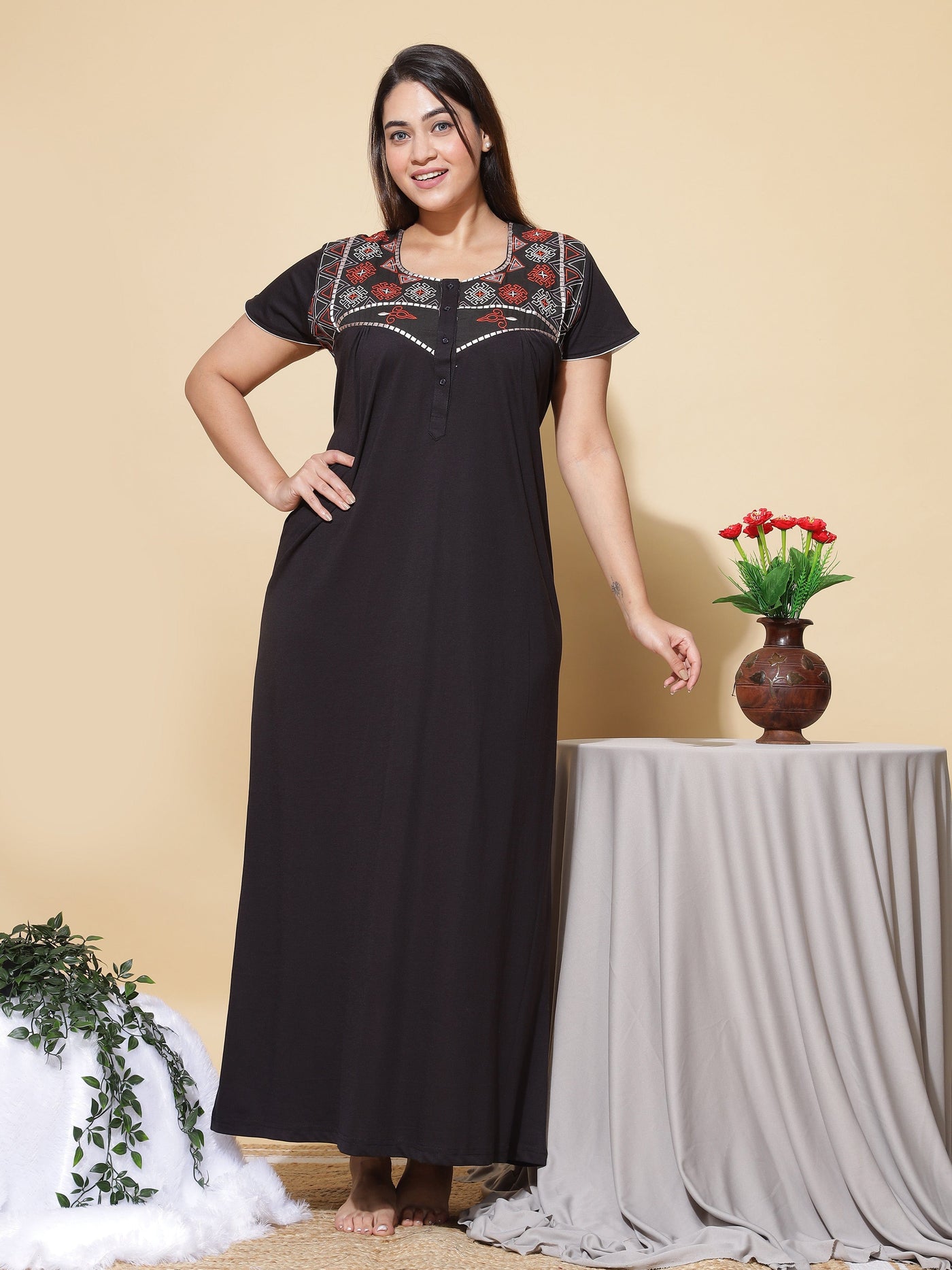Cotton Blend Designer Nighty Black