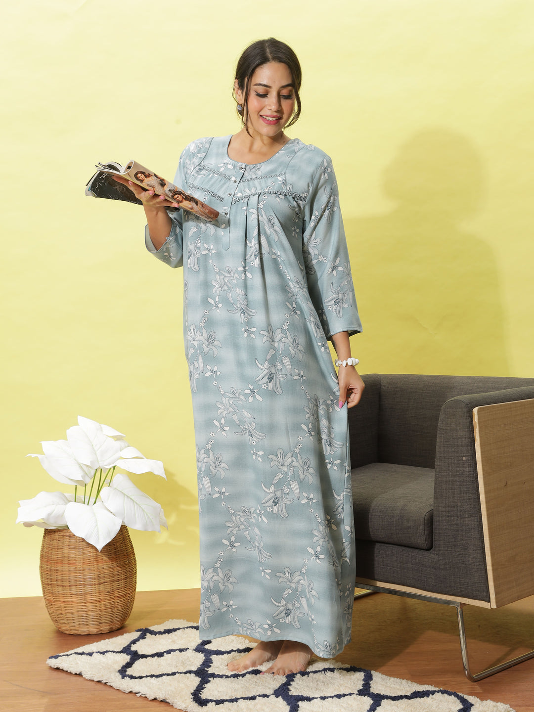 Buy Stylish Light Blue Embroidered Night dress for Women 9shines label Buy Stylish Light Blue Embroidered Night dress for Women 9shines label