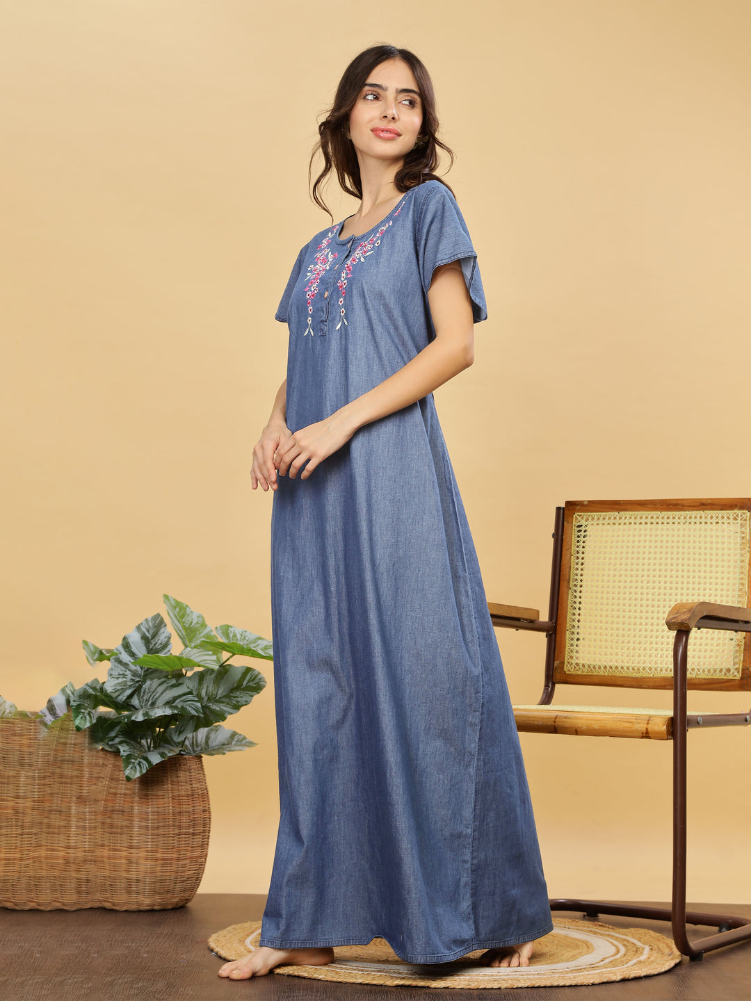 Cotton Denim Nighty With Pink Floral Embroidery