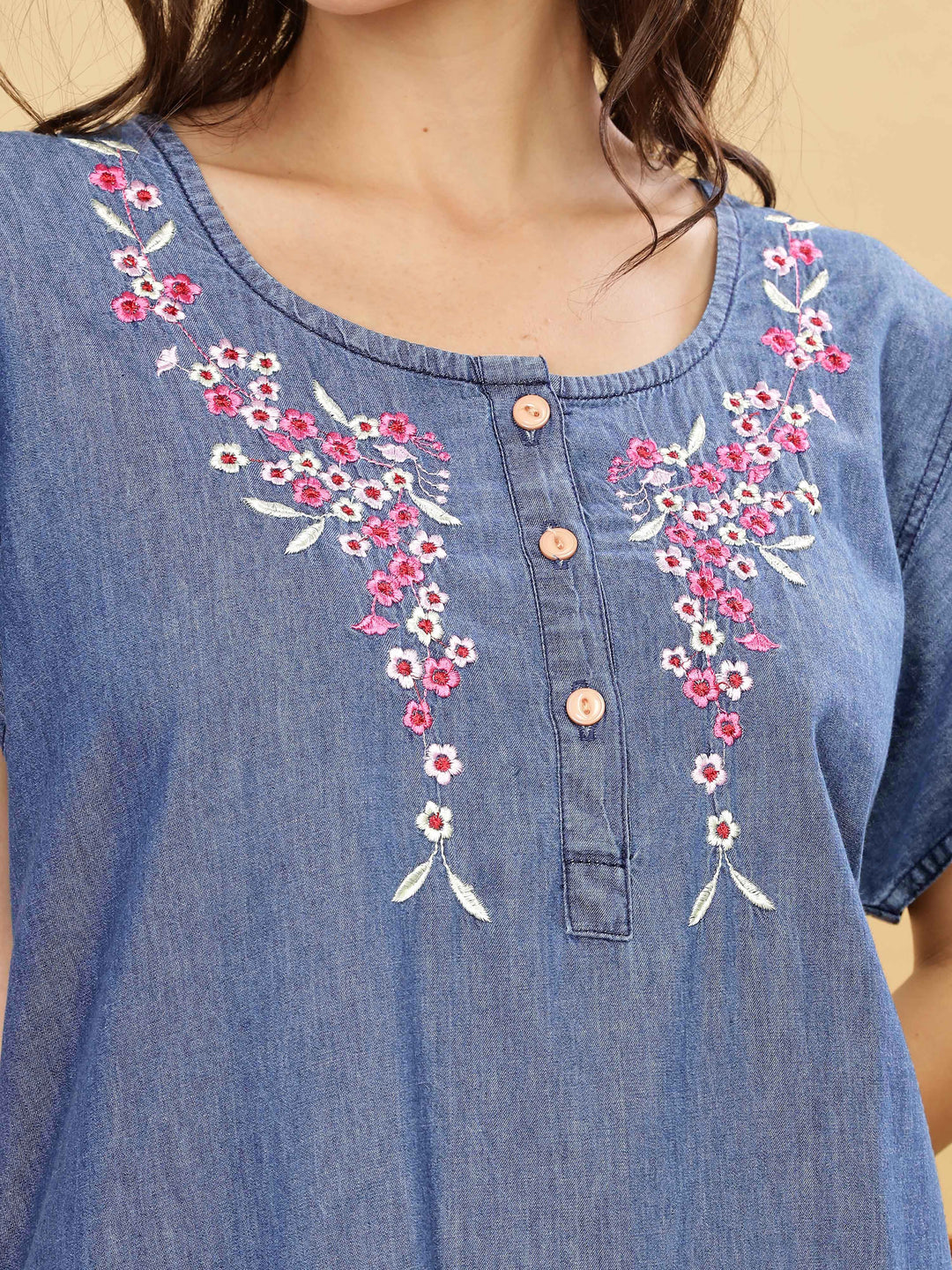 Cotton Denim Nighty With Pink Floral Embroidery