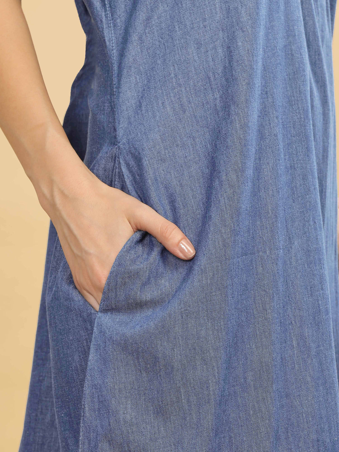 Cotton Denim Nighty With Pink Floral Embroidery