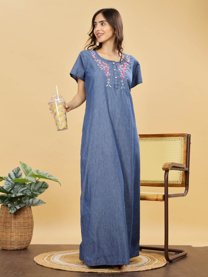 Cotton Denim Nighty With Pink Floral Embroidery