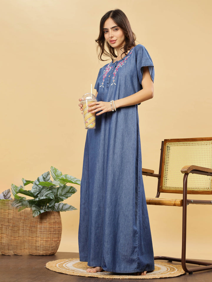 Cotton Denim Nighty With Pink Floral Embroidery
