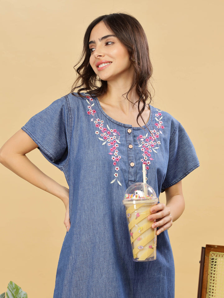Cotton Denim Nighty With Pink Floral Embroidery