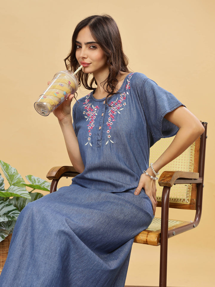Cotton Denim Nighty With Pink Floral Embroidery