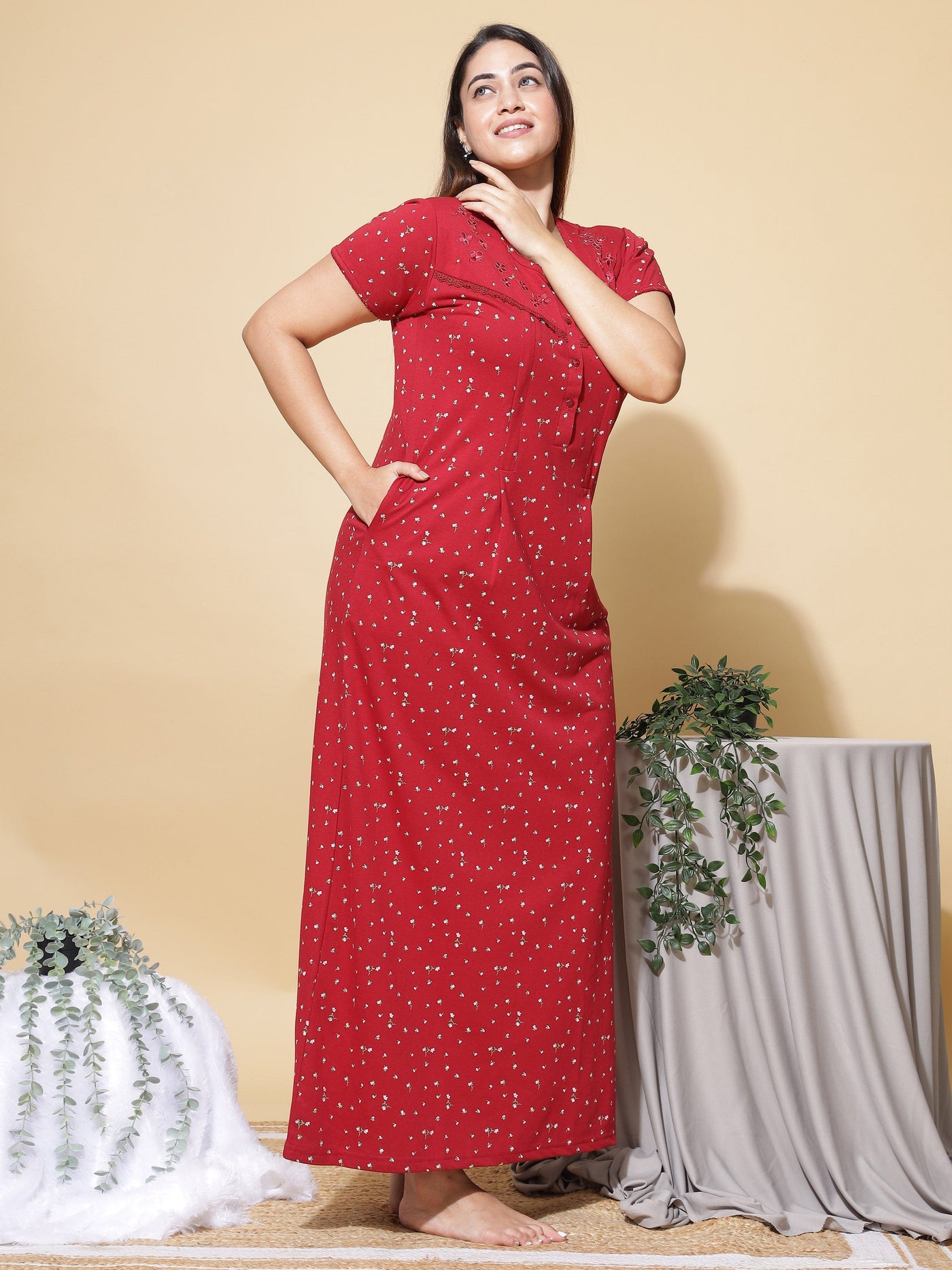 Cotton Blend Maternity Feeding Nighty Maroon Blue