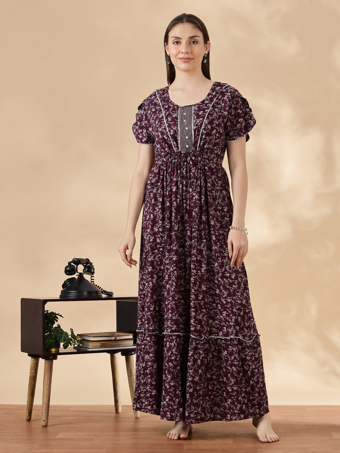 Wine Flora Micro Floral Frock Nighty with Embroidered Placket