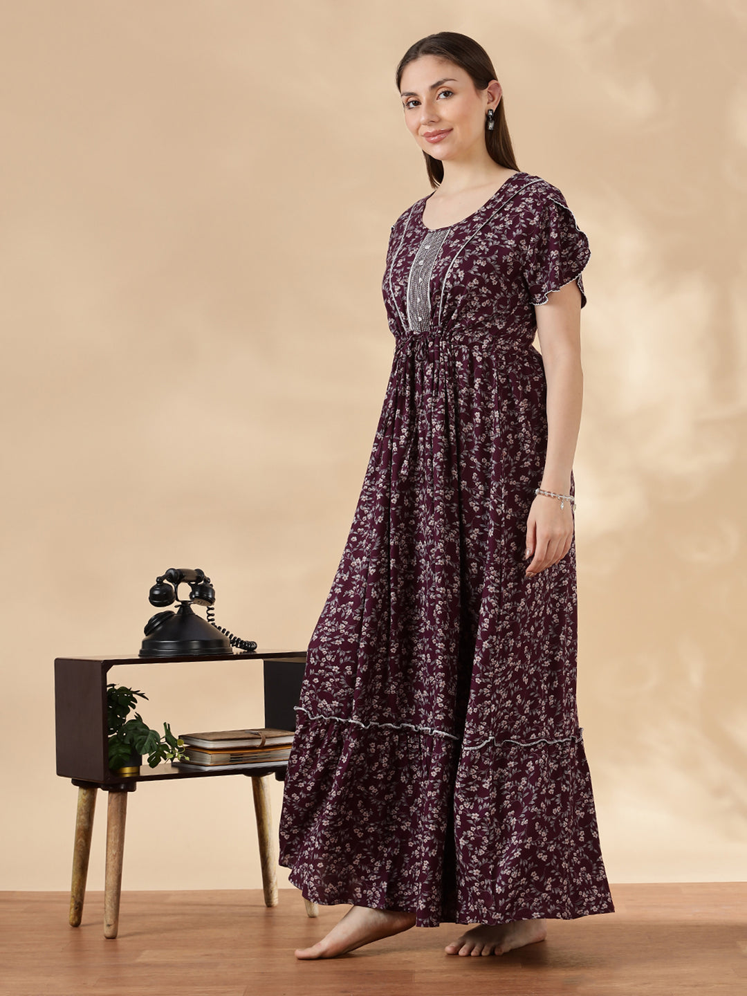 Wine Flora Micro Floral Frock Nighty with Embroidered Placket