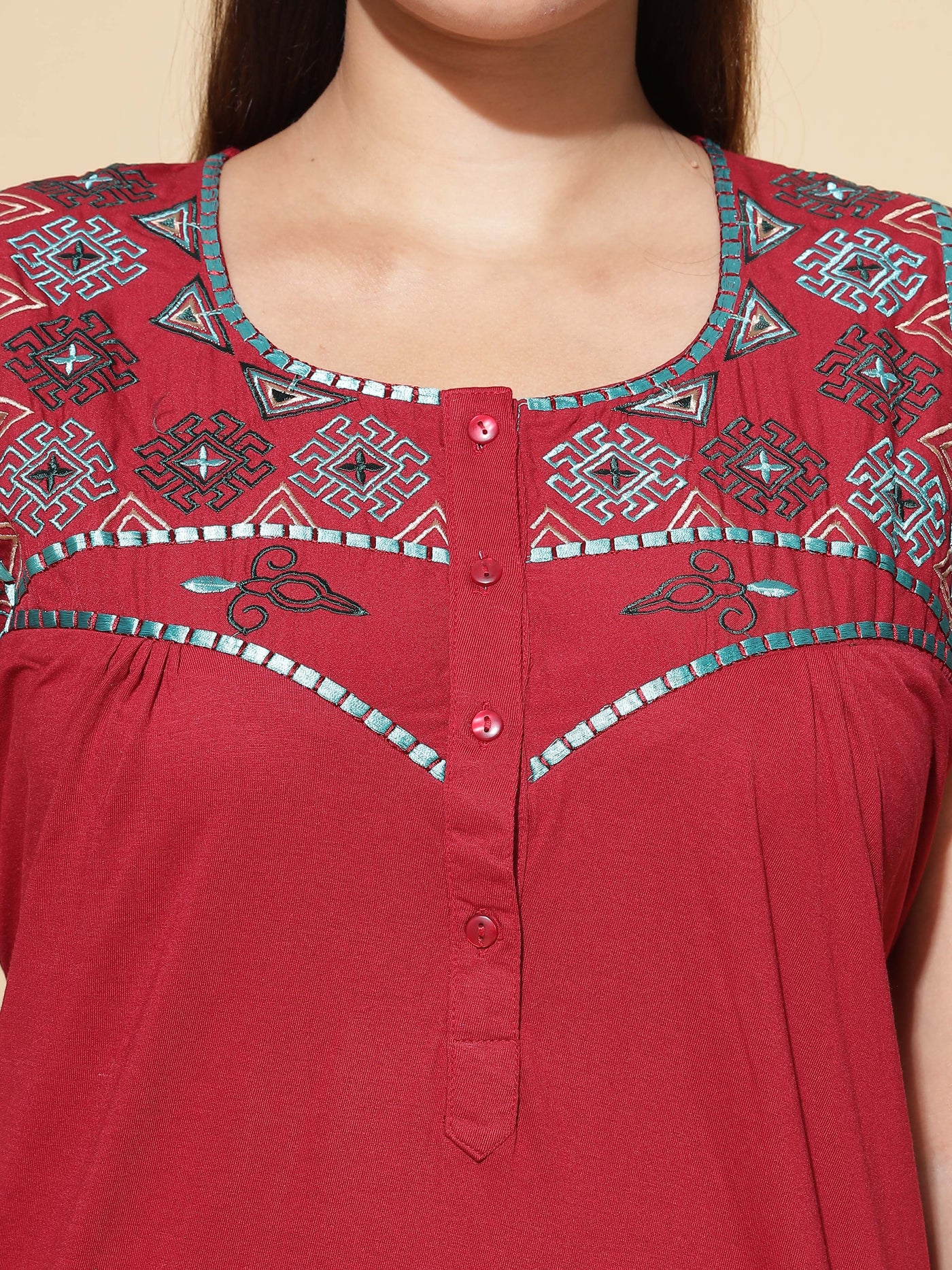 Cotton Blend Designer Nighty Maroon