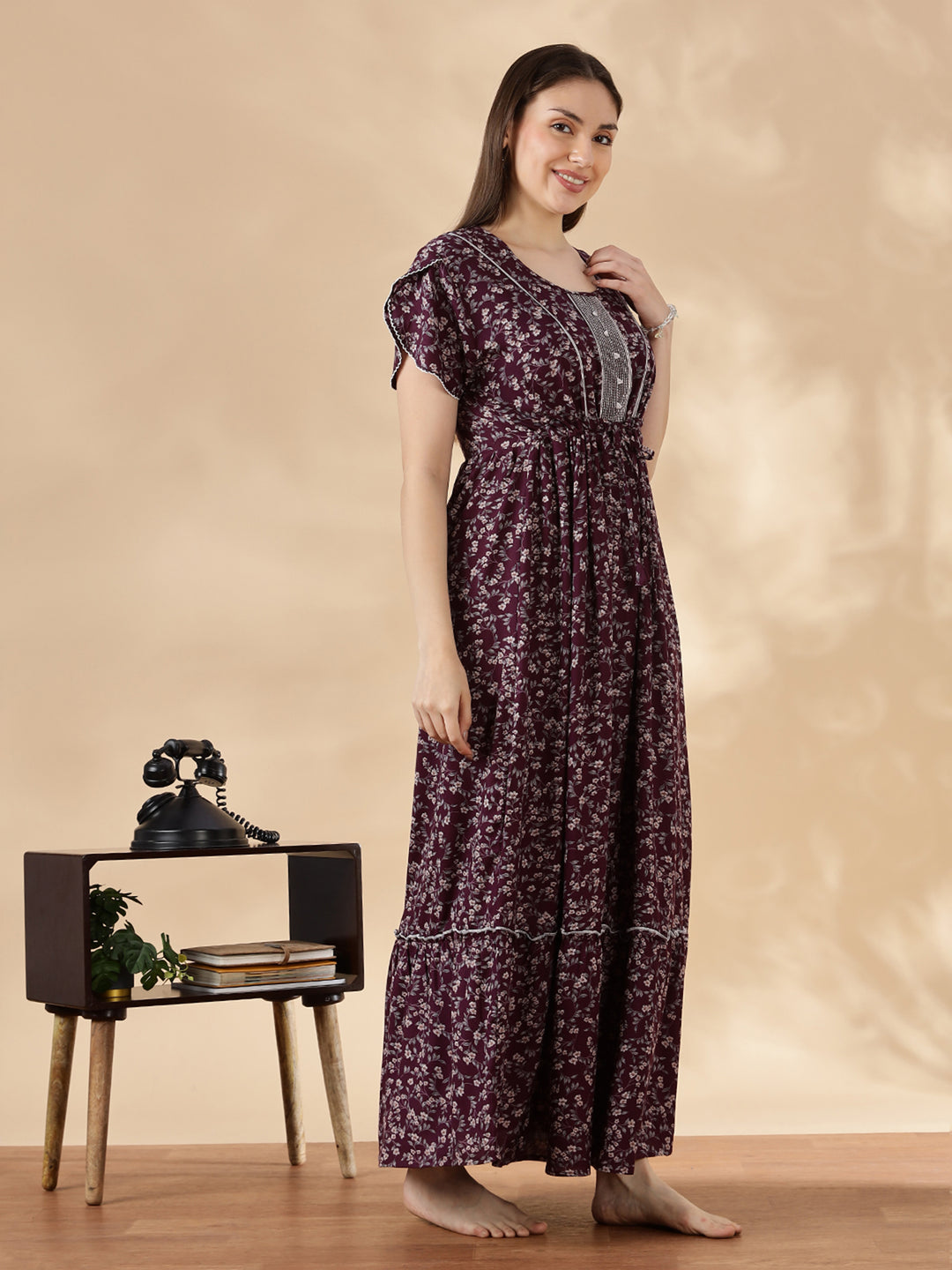 Wine Flora Micro Floral Frock Nighty with Embroidered Placket