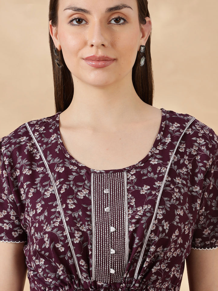 Wine Flora Micro Floral Frock Nighty with Embroidered Placket