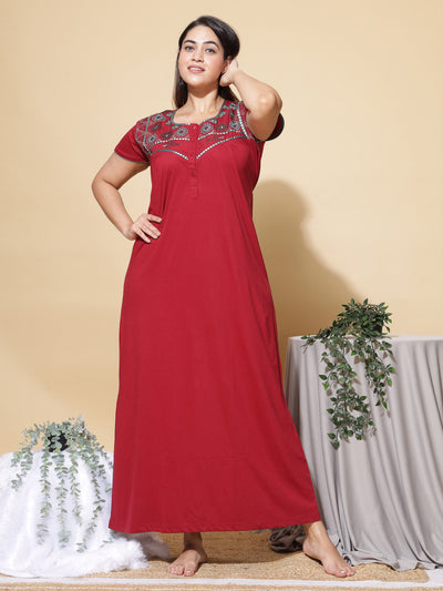 Cotton Blend Designer Nighty Maroon