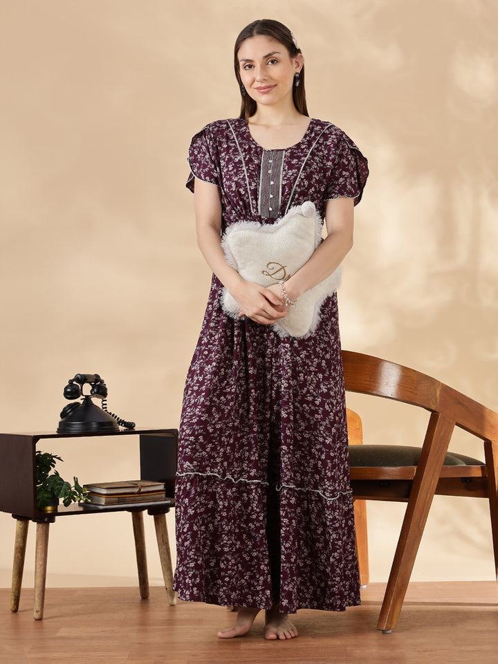 Wine Flora Micro Floral Frock Nighty with Embroidered Placket